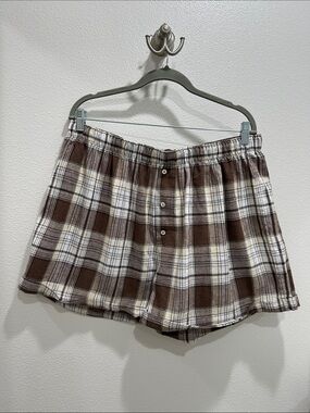 Free People Brown and Cream Plaid Button-Front Pajama Shorts